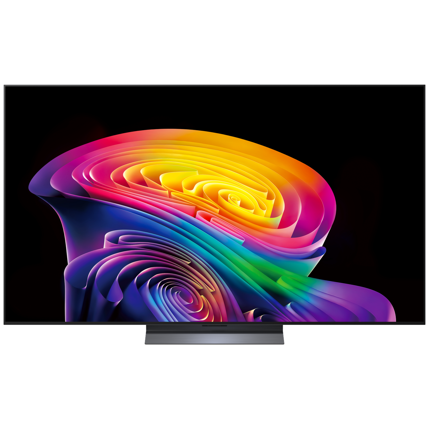 Un téléviseur moderne affiche un motif abstrait aux couleurs arc-en-ciel à l'écran.