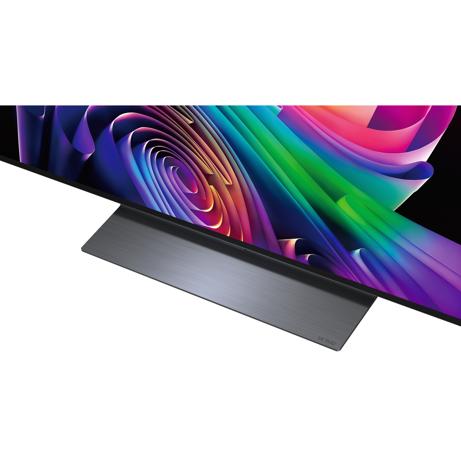 Un téléviseur LG OLED affichant un arrière-plan abstrait et coloré.