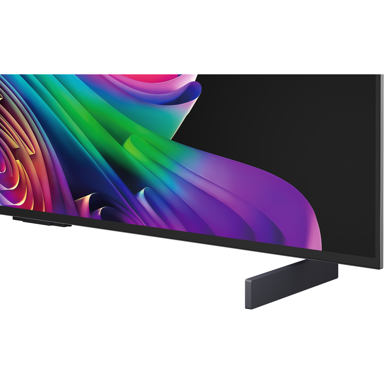 Un téléviseur moderne affichant un fond d'écran abstrait coloré, avec un support sombre visible.