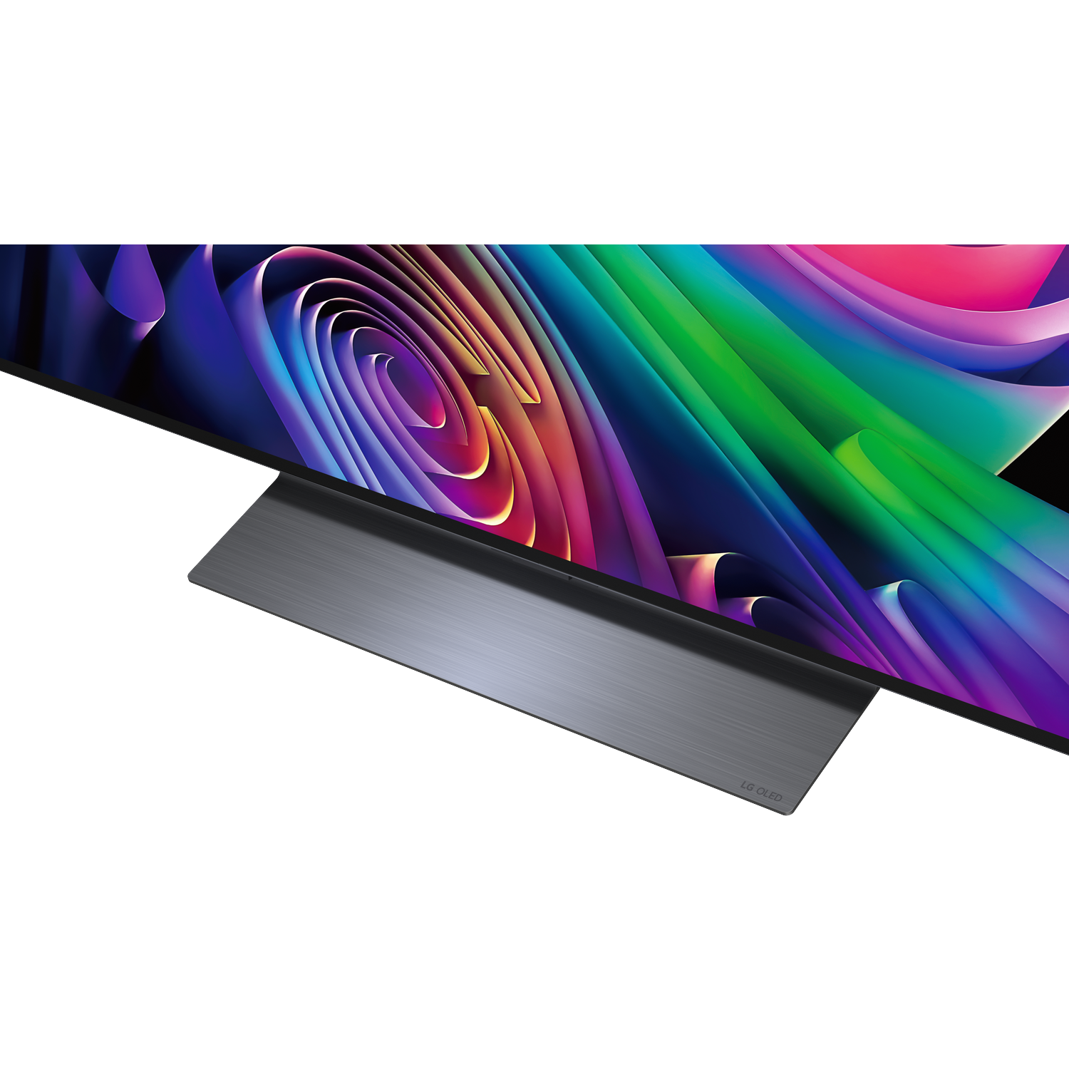 Un téléviseur LG OLED élégant affiche un tourbillon abstrait et vibrant de couleurs violettes, vertes et roses.