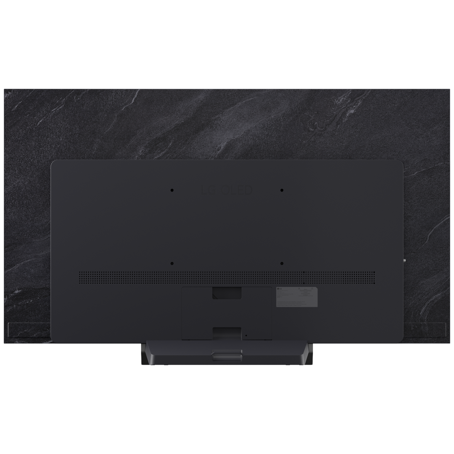 Arrière d'une TV LG OLED noire avec texture marbre en arrière-plan.