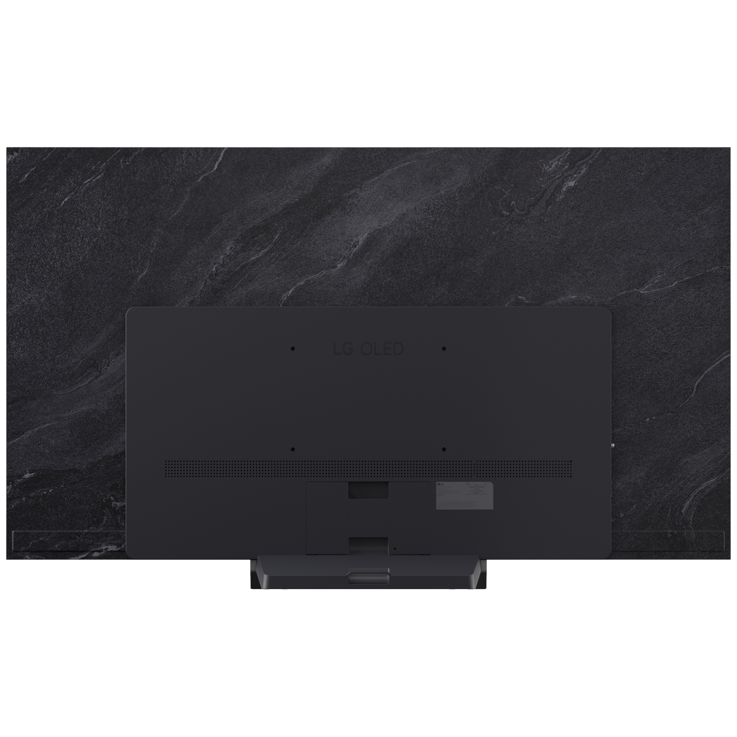 Vue arrière d'un téléviseur LG OLED noir sur fond marbre sombre.