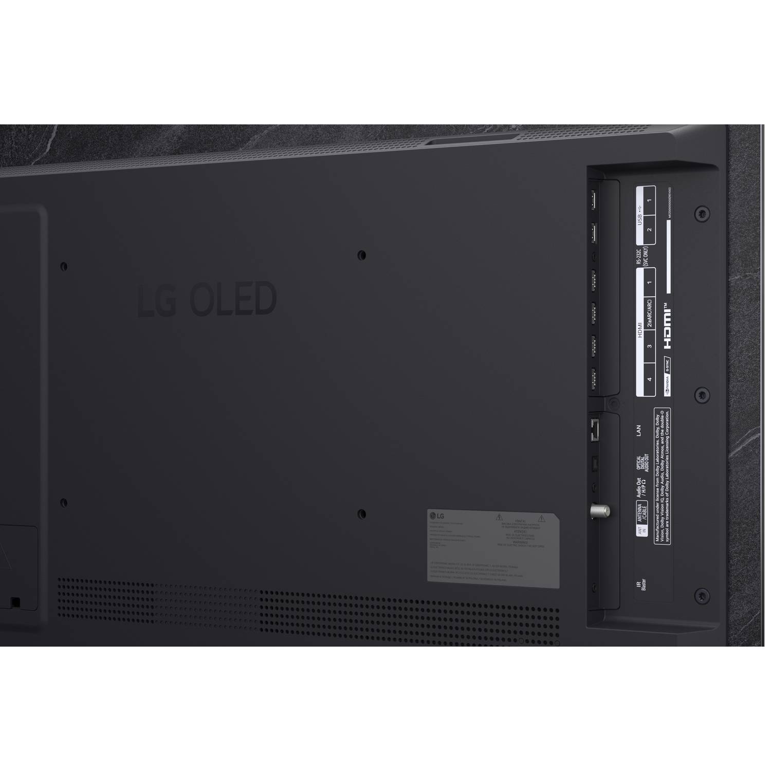Arrière d'un téléviseur LG OLED montrant les ports: HDMI, USB, LAN, Antenne, Sortie Audio.