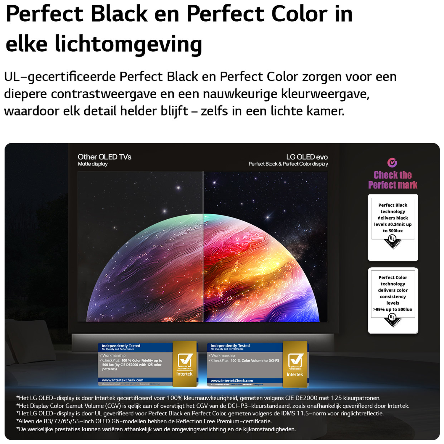 Vergelijking LG OLED evo met andere OLED TV's: Perfect Zwart en Kleur.