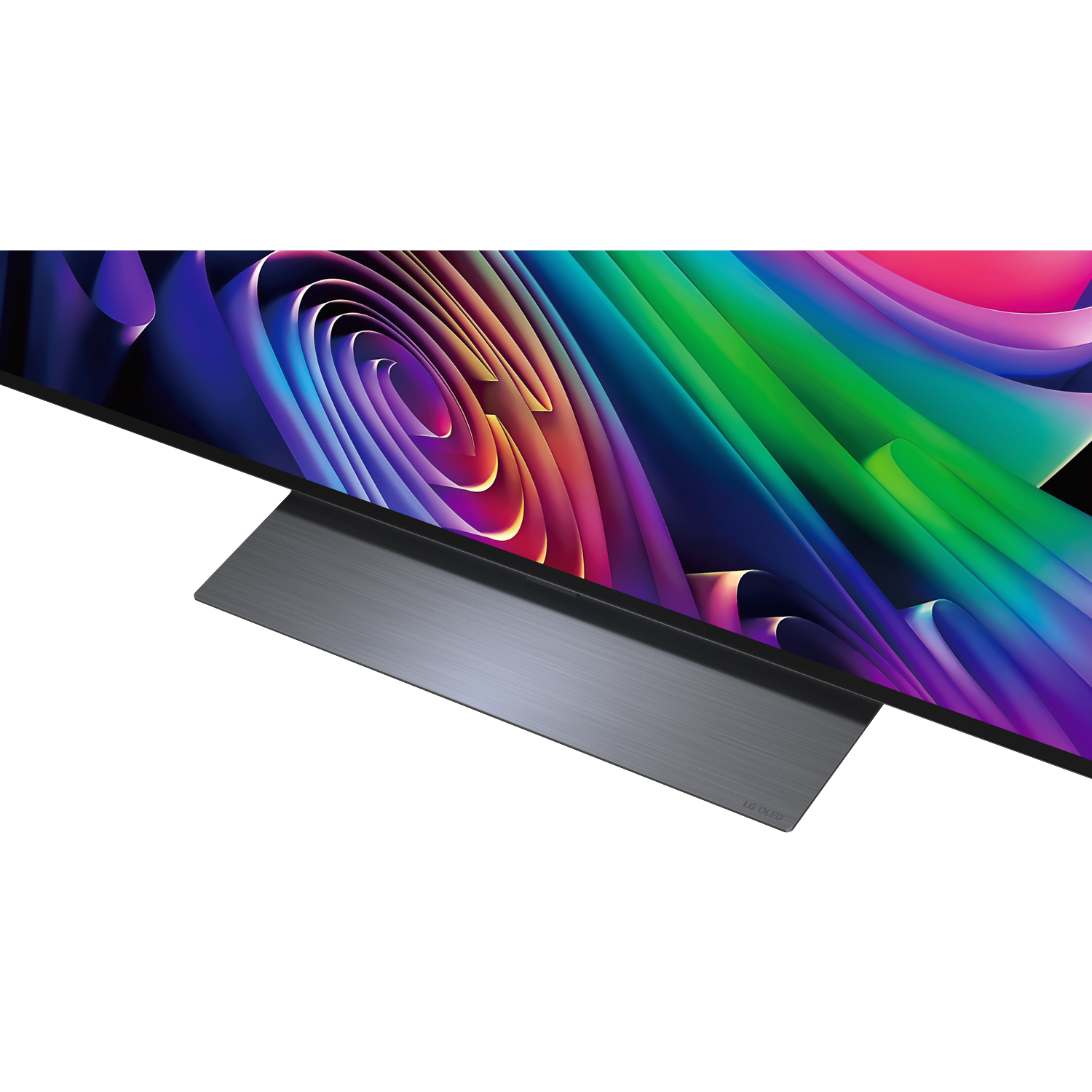 Une télévision moderne affichant un écran abstrait coloré avec un support gris sur fond noir.