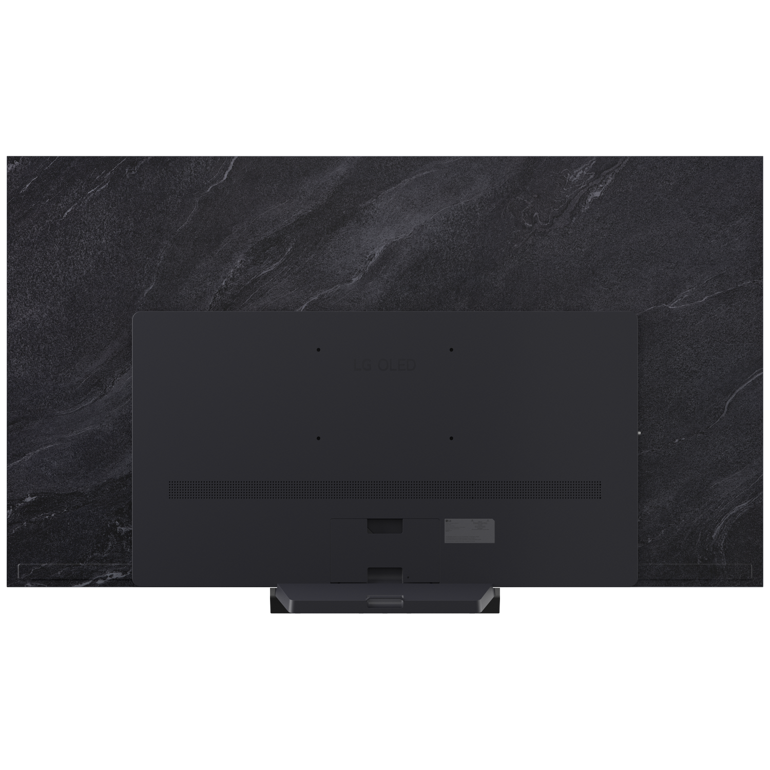 Vue arrière d'un téléviseur LG OLED sombre sur une surface à motif marbre noir.