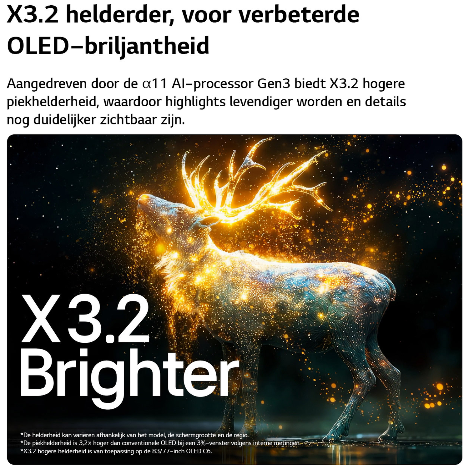 Een gloeiende hert van lichtdeeltjes met gewei tegen donkere achtergrond.