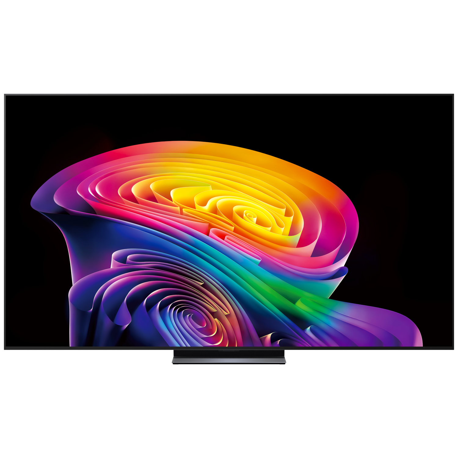 Une télévision moderne affiche un motif abstrait et coloré de rubans tourbillonnants.