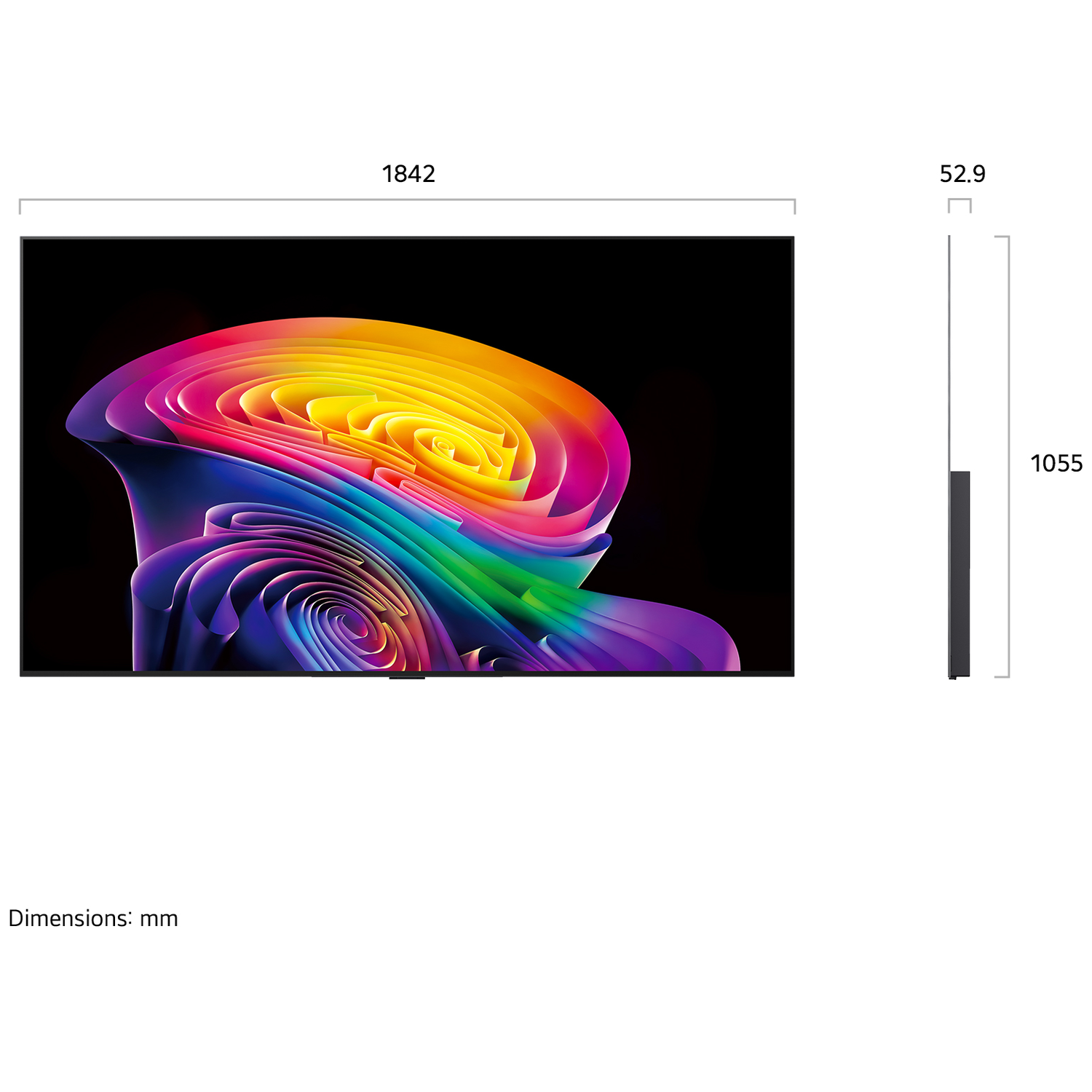 Un écran TV affichant un motif abstrait coloré avec des dimensions.