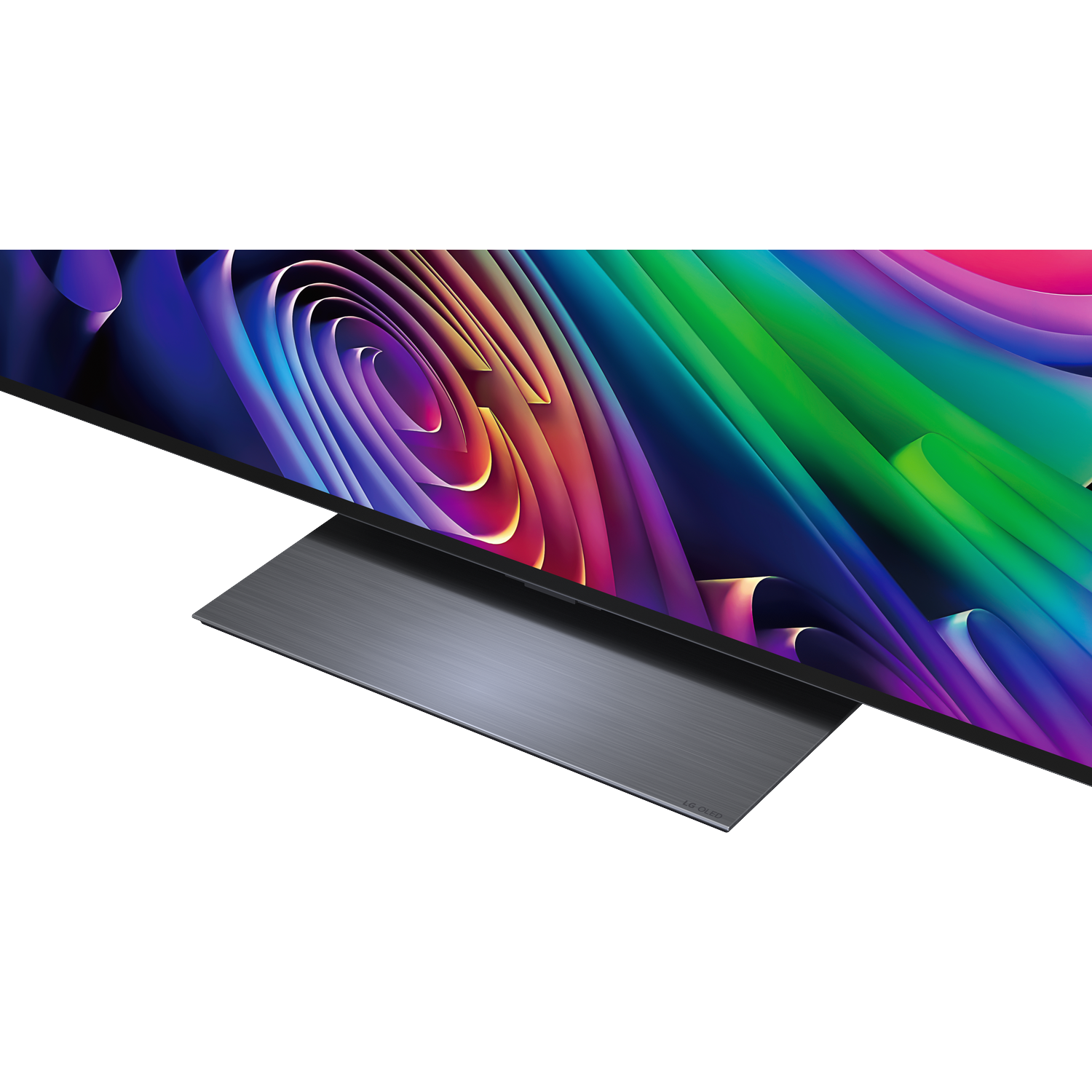 Une télévision moderne affichant un motif abstrait coloré avec un support gris sur fond noir.