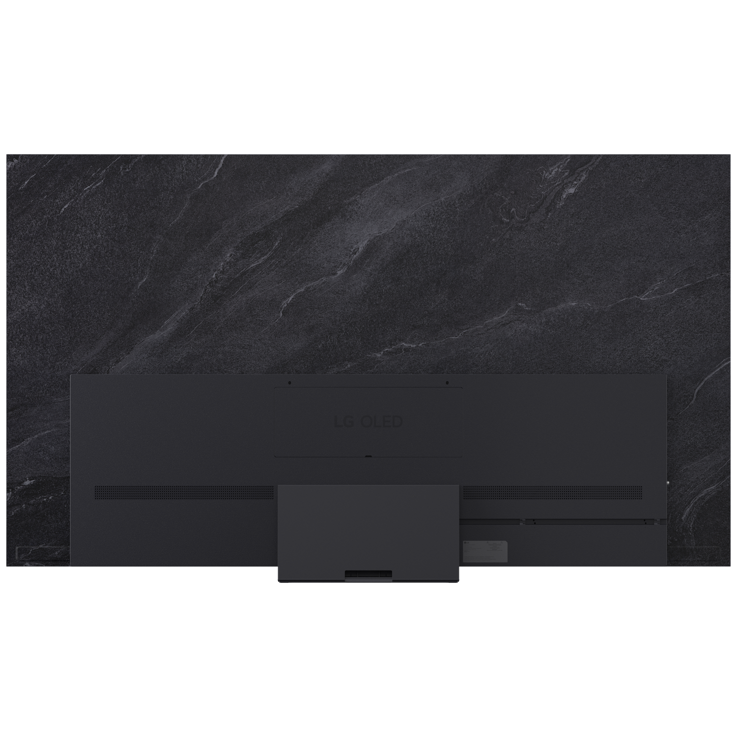Arrière d'un téléviseur LG OLED sur pied en marbre sombre. Ports et aérations visibles.