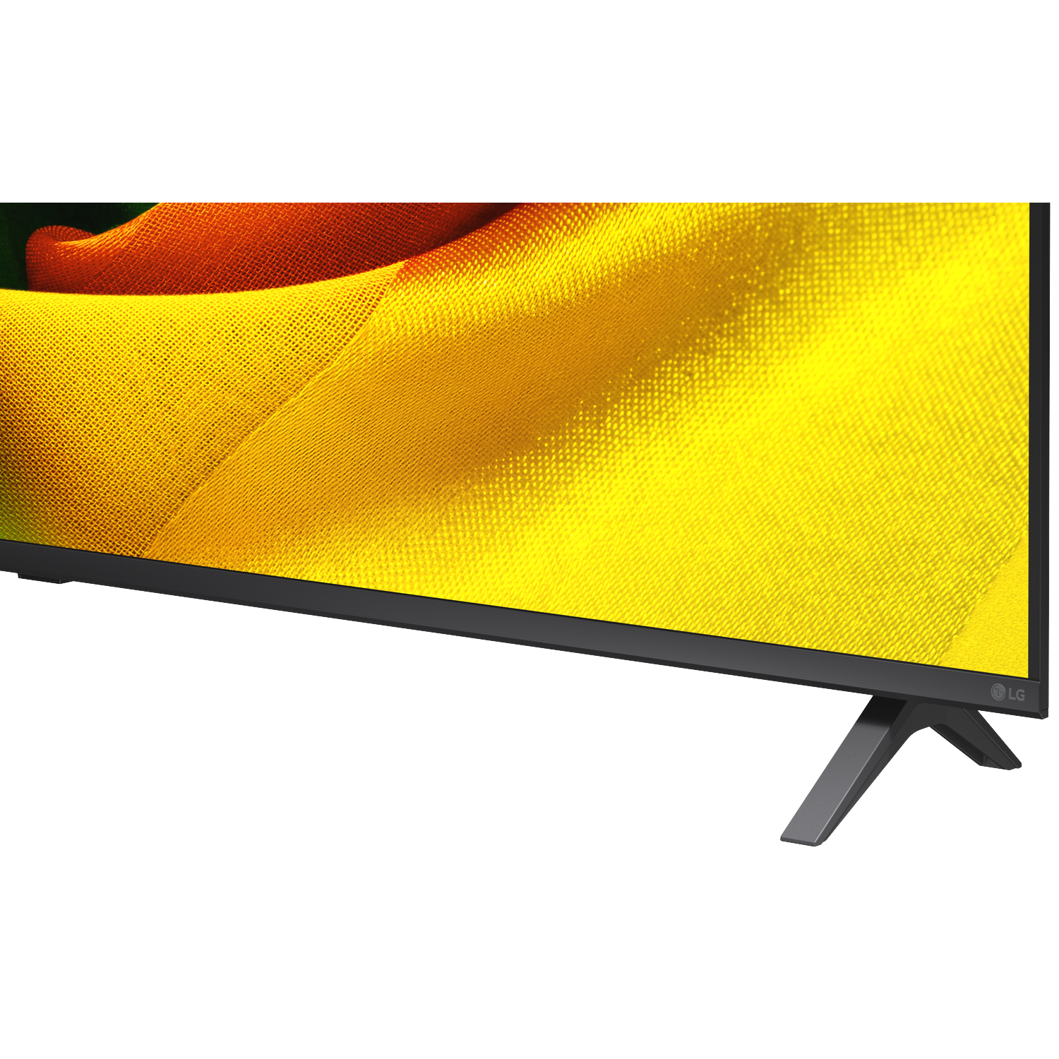 A modern LG television displaying a colorful screen with a gray stand.