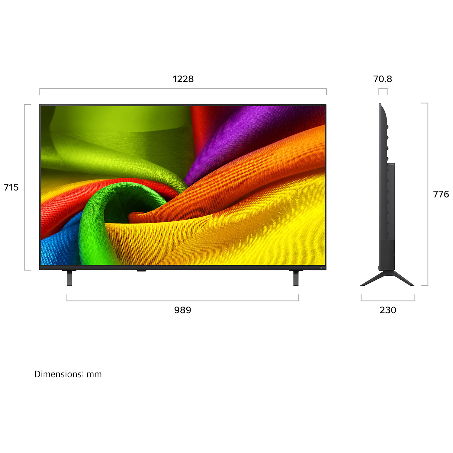 A television displaying colorful fabrics, with dimensions indicated.