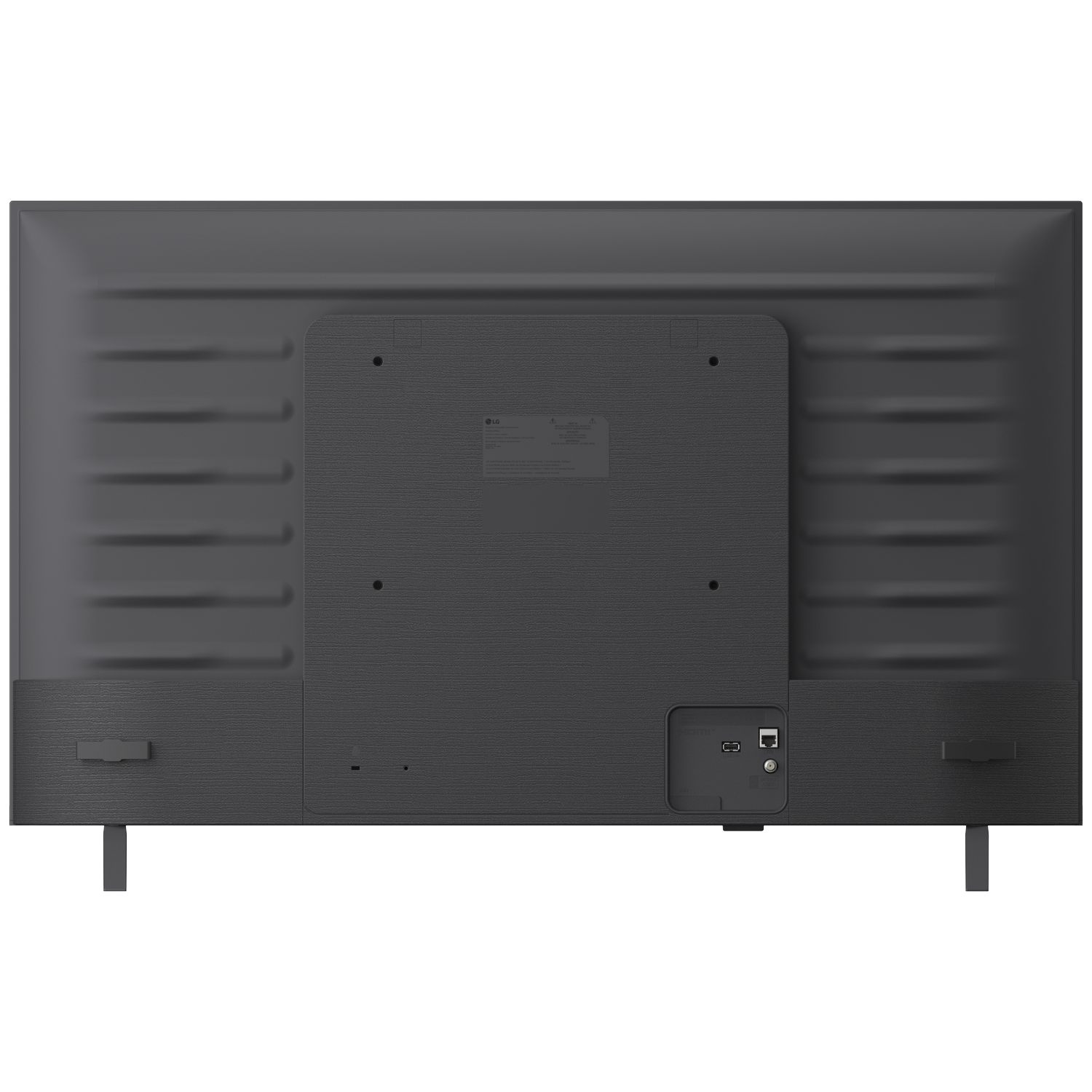 Back view of a black LG television showing ports and stand.