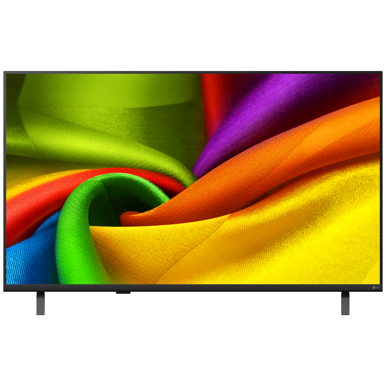 A television screen displays a swirl of vibrant, flowing fabrics in rainbow colors.