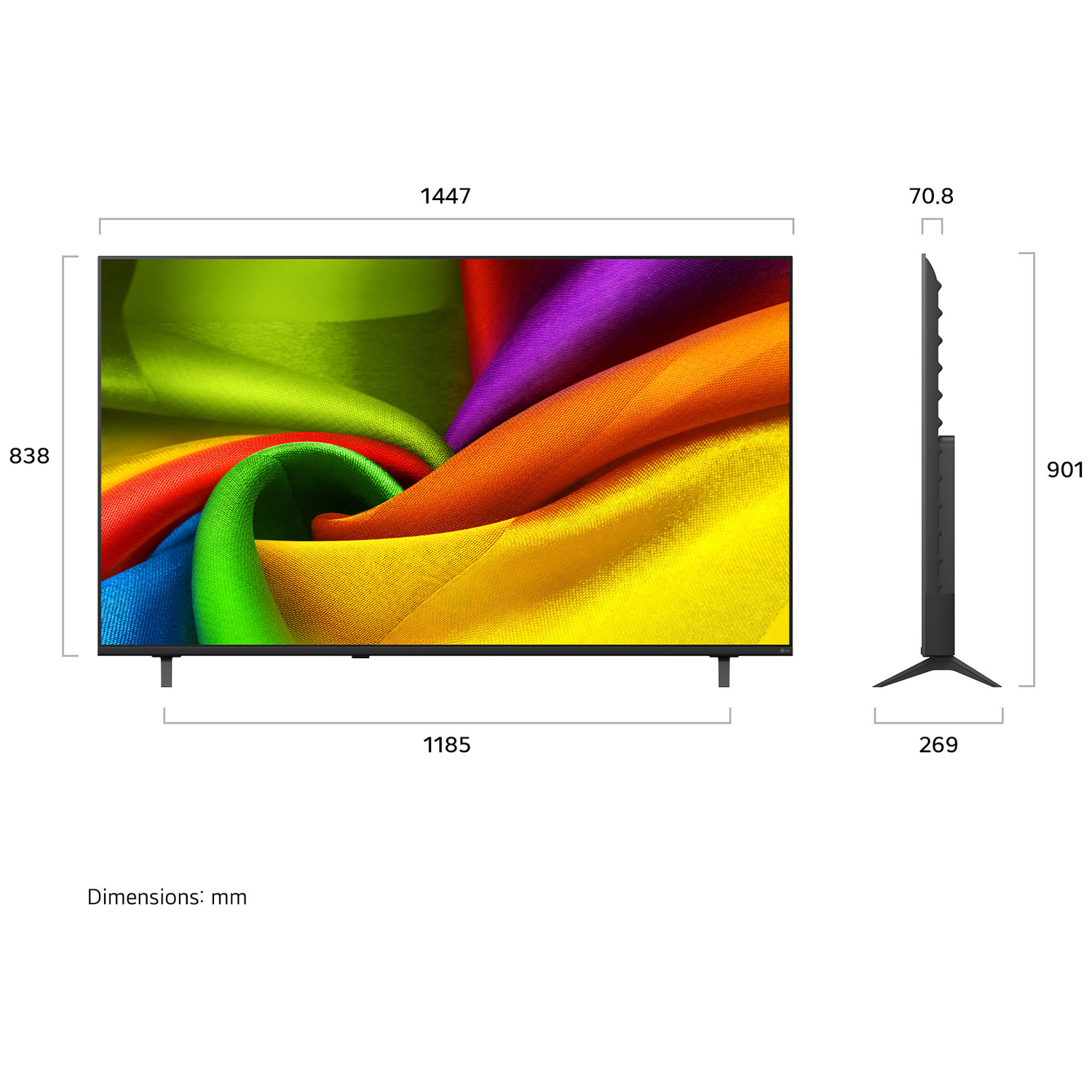 A television with dimensions 1447x838x70.8mm and a depth of 269mm.