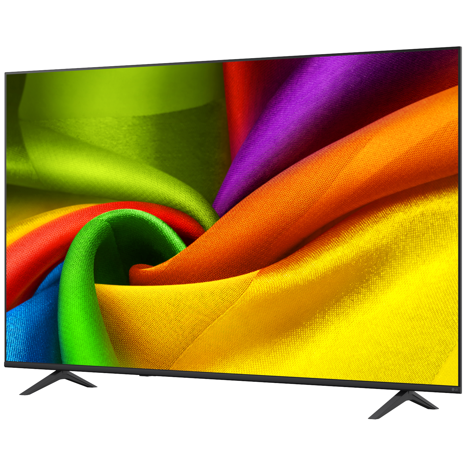 A modern television displays colorful fabric swirls in red, yellow, green, orange, and purple.