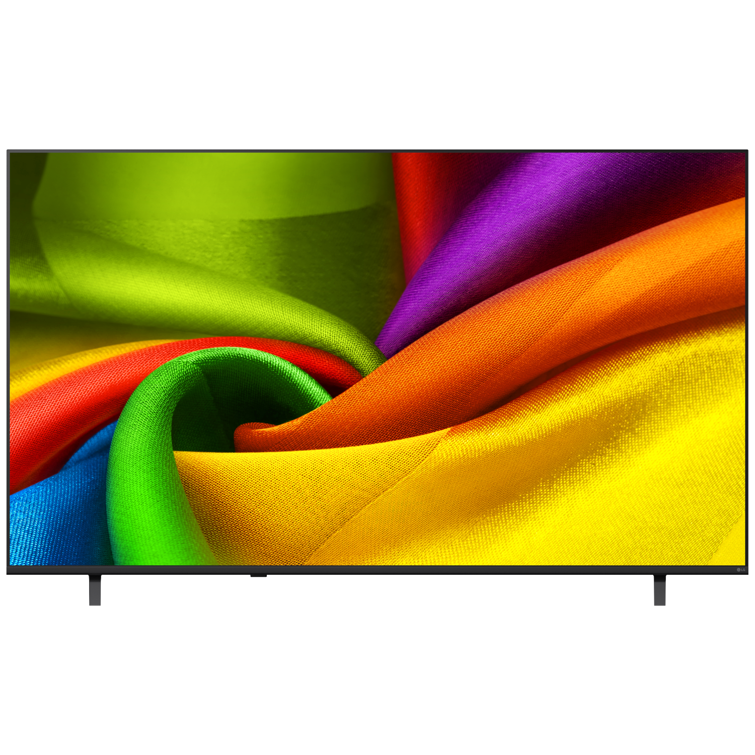 A TV screen displays an abstract pattern of colorful fabrics in green, yellow, orange, red, purple, and blue.