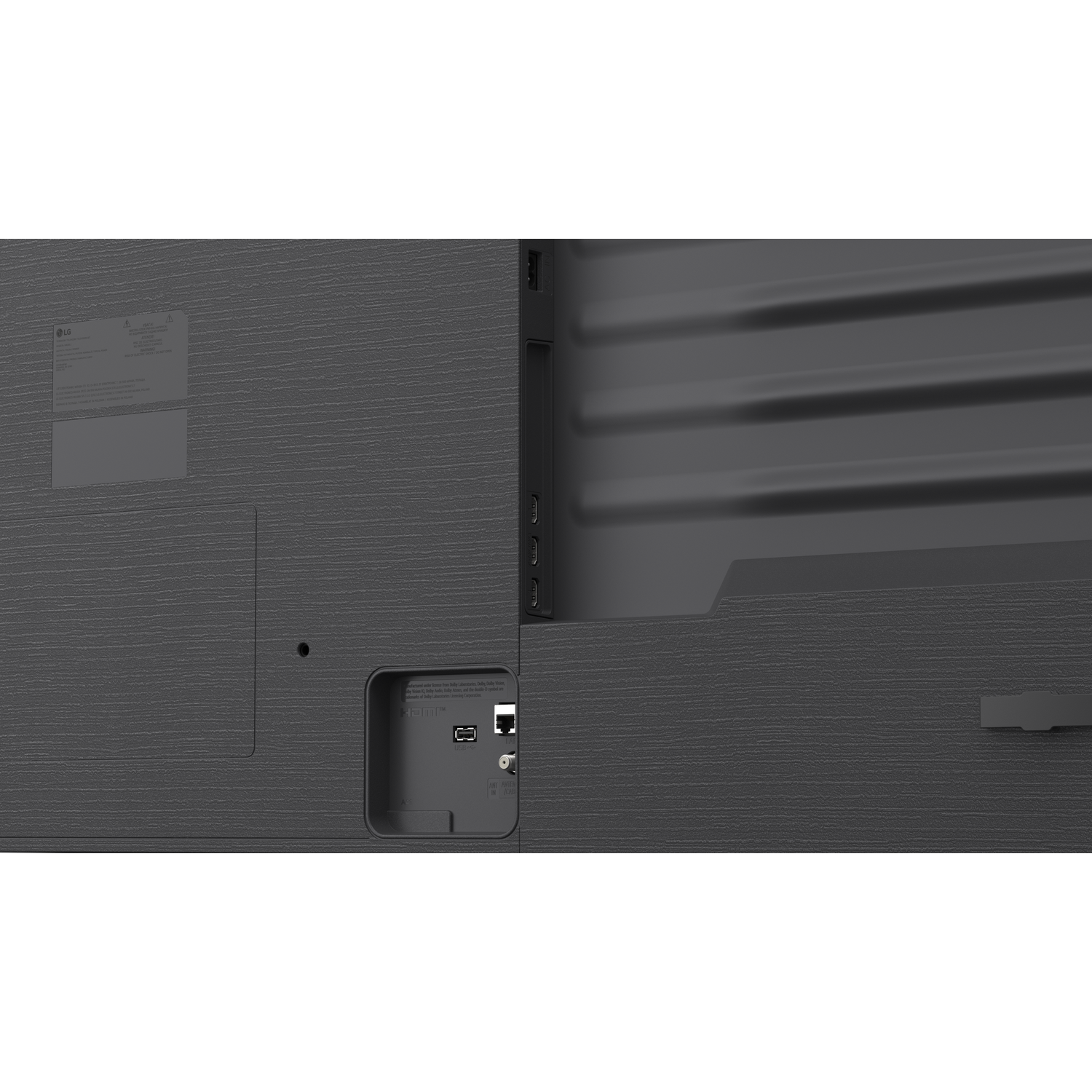 Back of a TV showing ports like HDMI, USB, and antenna.