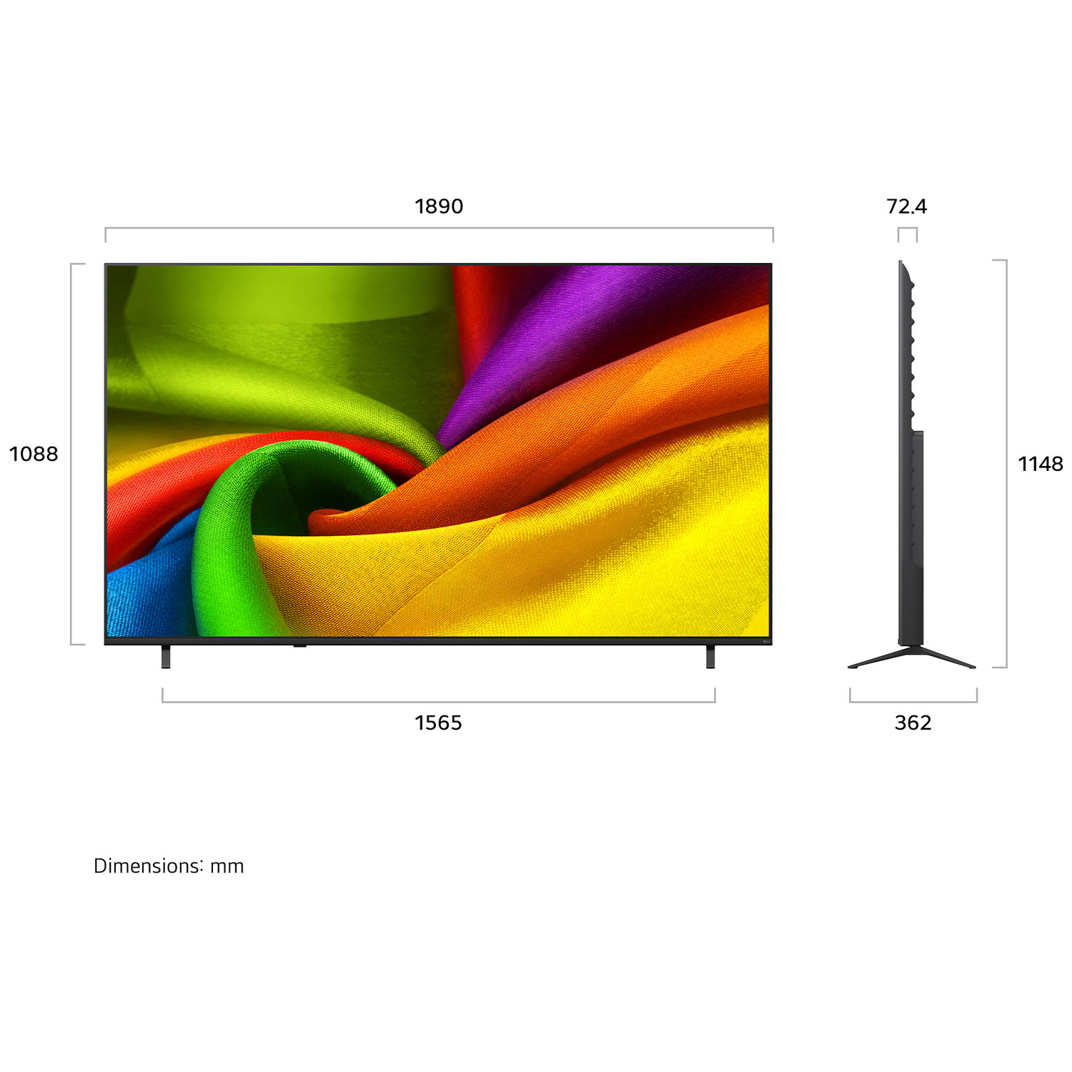 A flat-screen TV displaying colorful fabrics with dimensions.