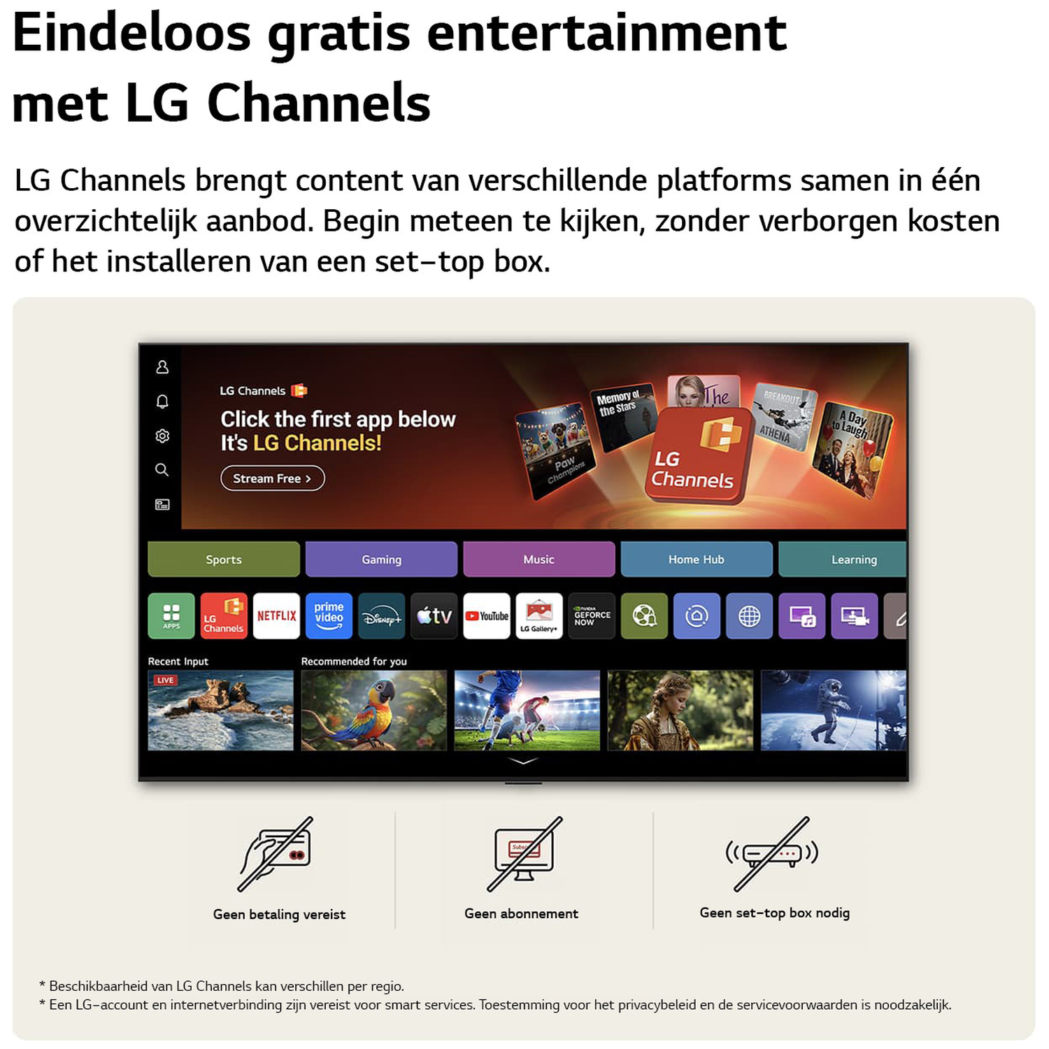 LG Channels: Entertainment with Sports, Gaming, Music, Home Hub & Learning.