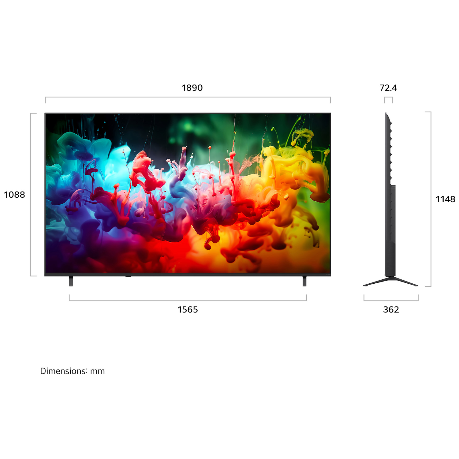 A flat-screen TV displaying colorful smoke graphics, with dimensions shown.