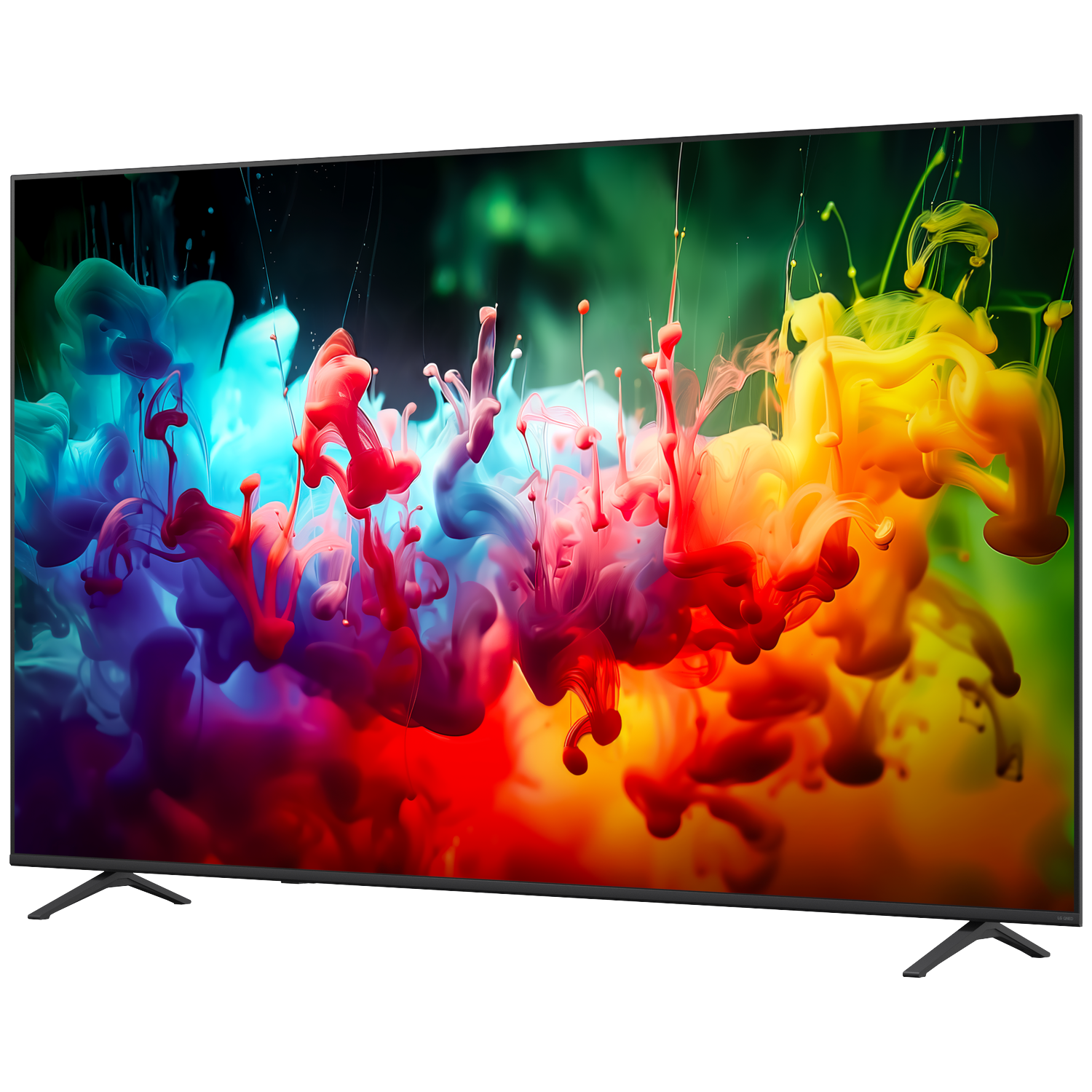 A television displays an abstract image of colorful inks spreading like smoke.