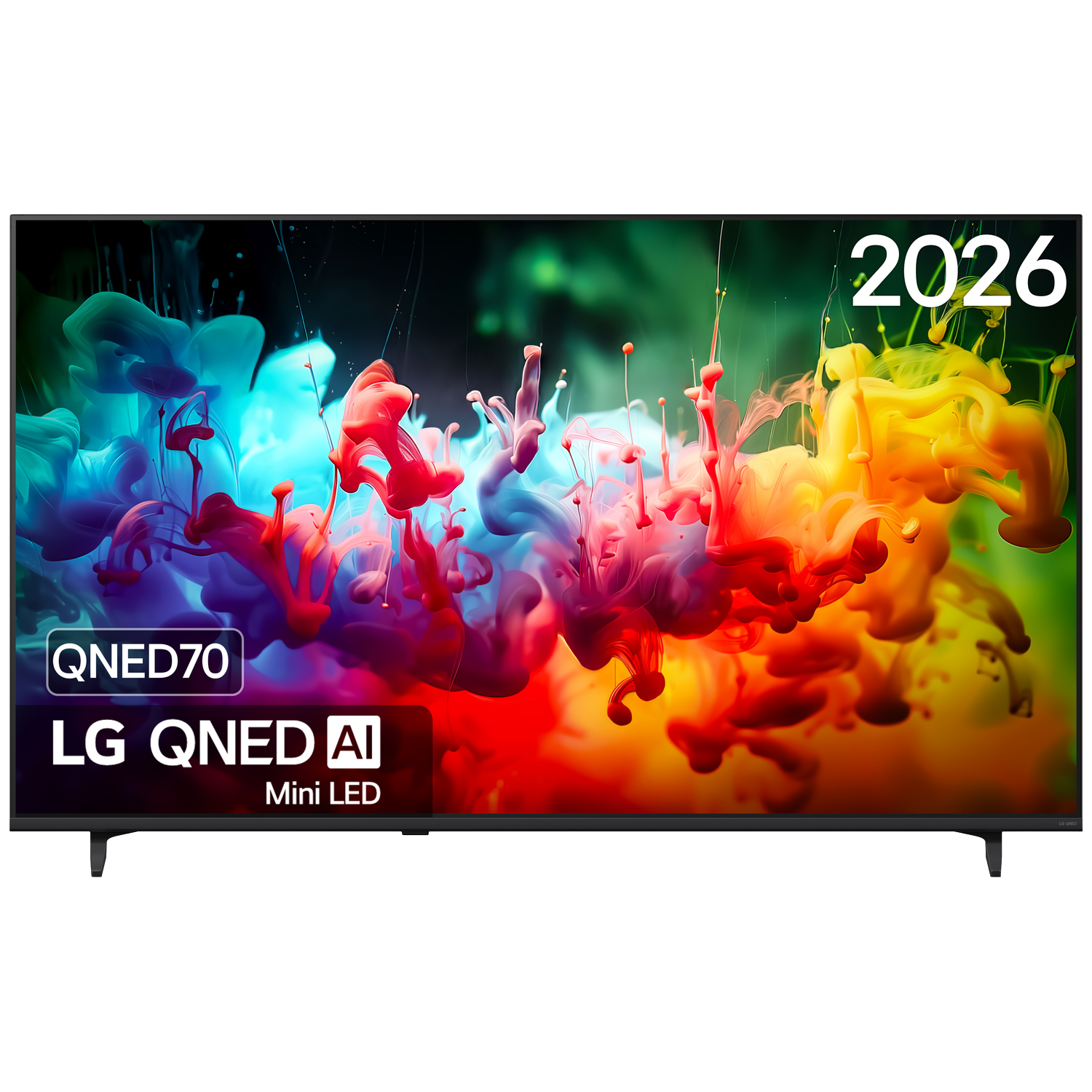 Een LG QNED AI Mini LED TV toont kleurrijke rookwolken en het jaartal 2026.