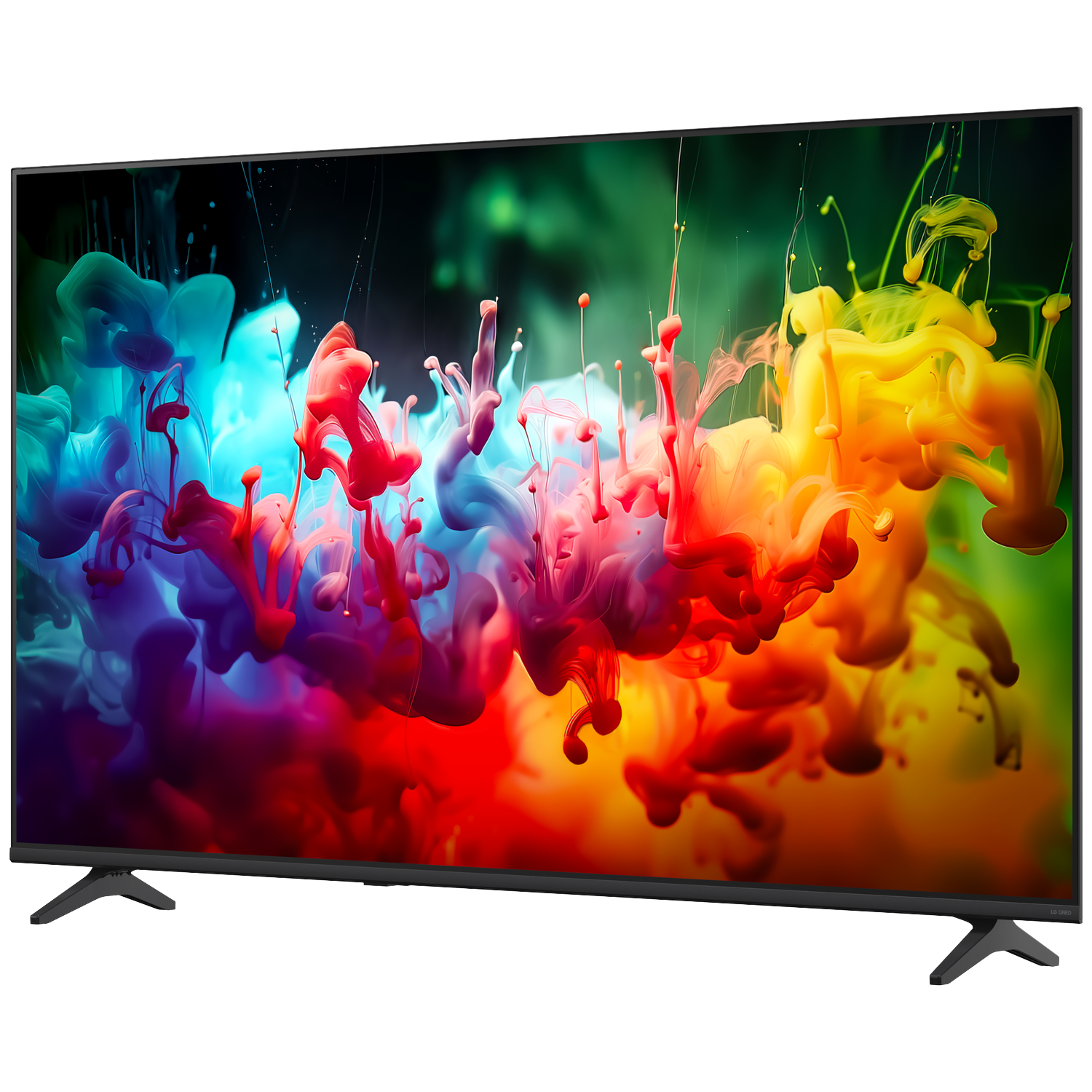 Een moderne tv toont een levendige vloeistofanimatie in rood, blauw en geel.