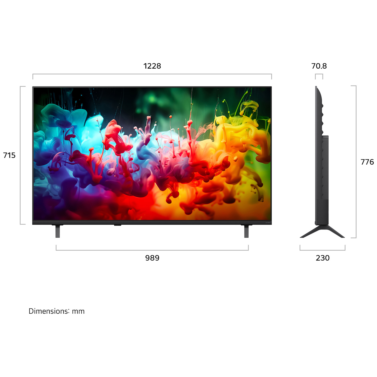 A large TV screen displays colorful abstract ink splashes. Dimensions are shown.