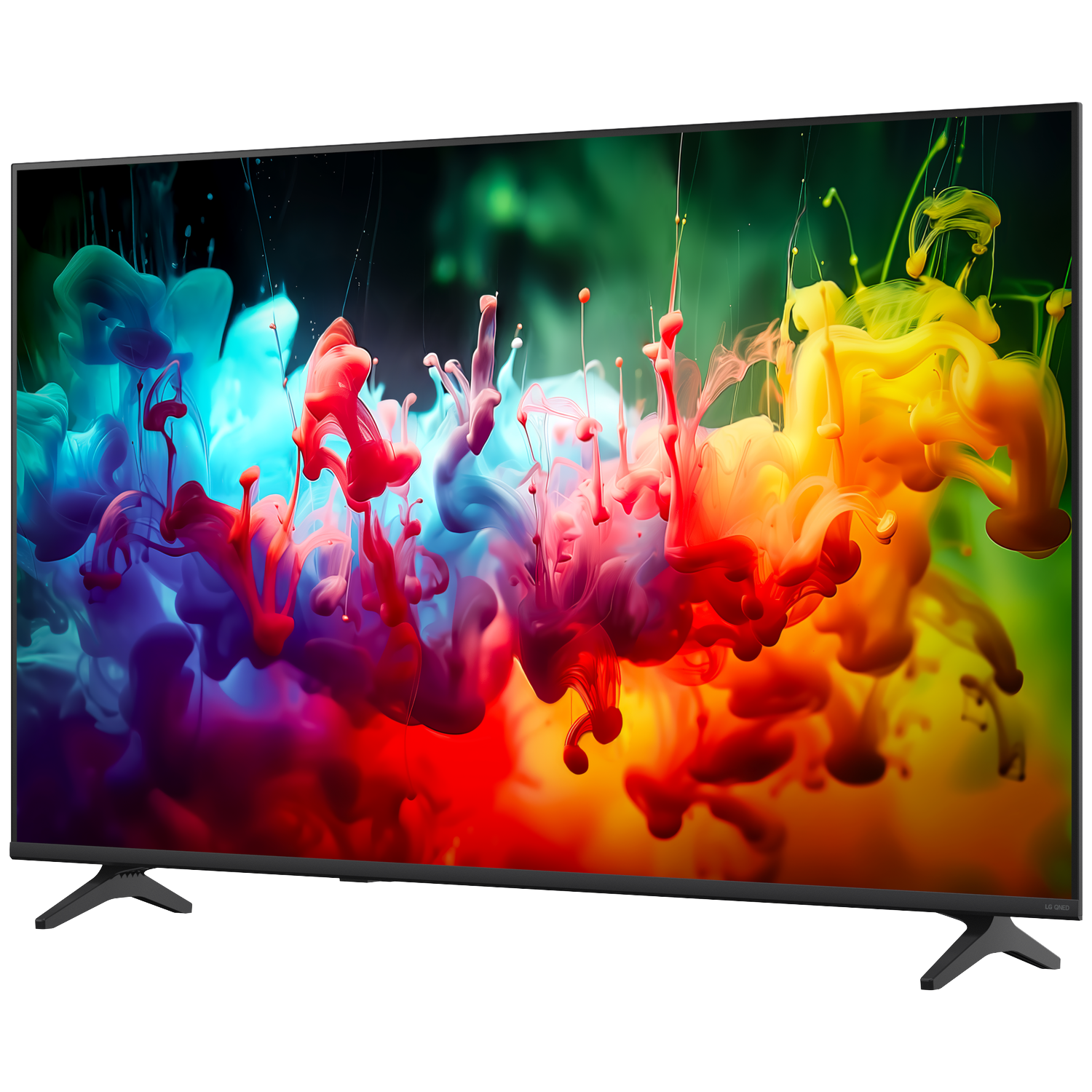 A modern black television displaying vibrant, colorful ink clouds in water.