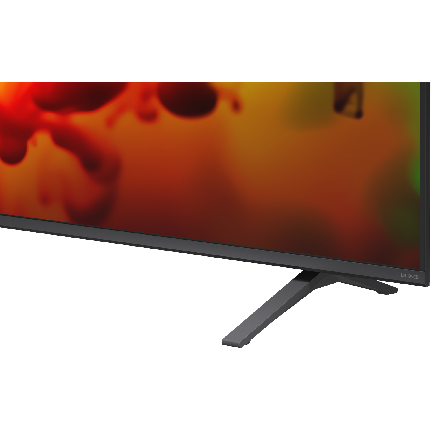 An LG QNED TV with an abstract, colorful background and a gray stand.