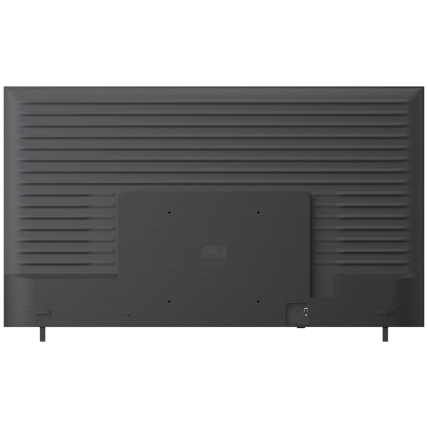 Back of a large black television with horizontal grooves and ports.