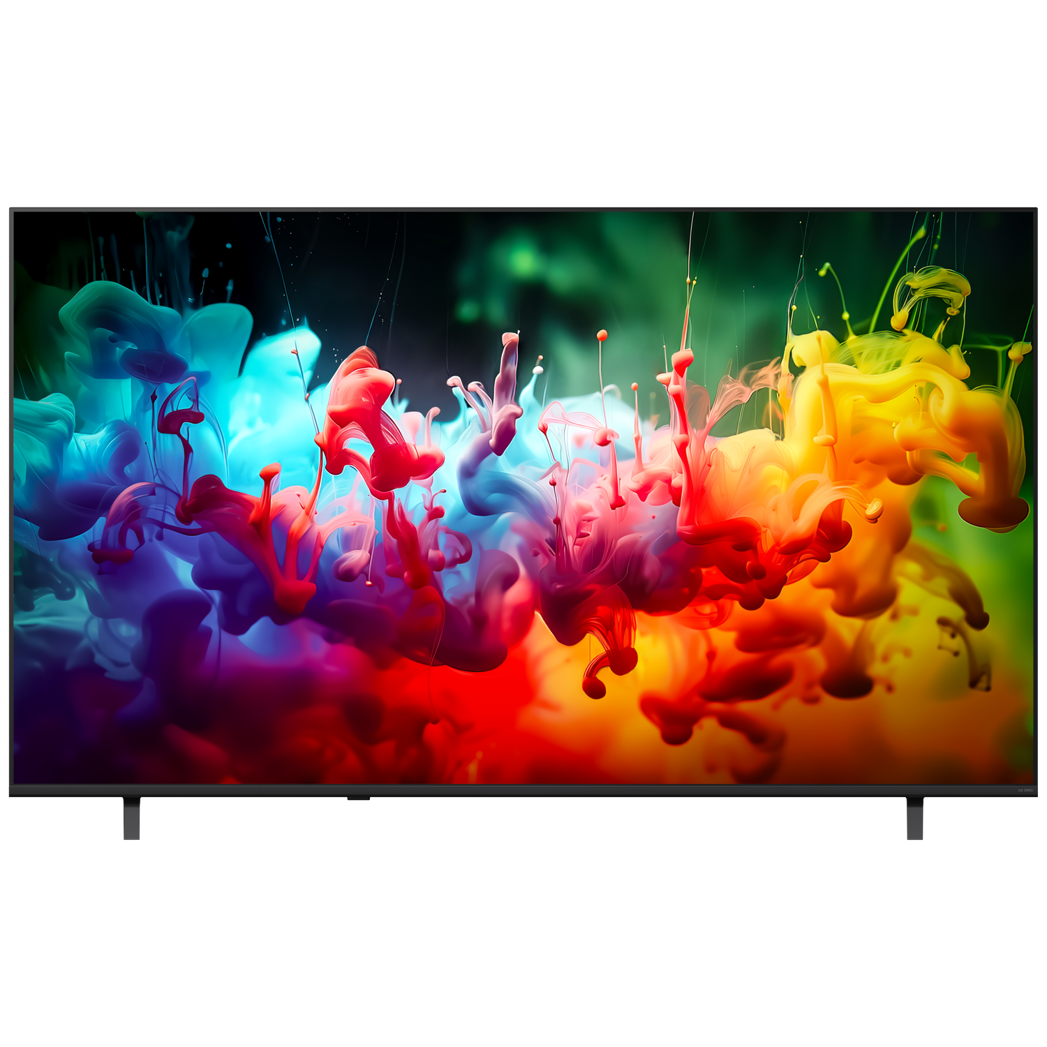 Een moderne televisie toont een abstracte afbeelding van kleurrijke inktwolken.