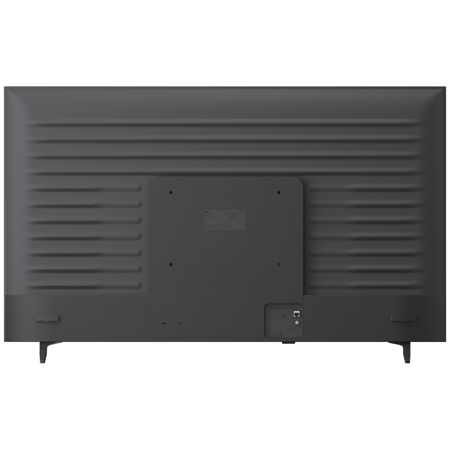 Back of a black television with horizontal grooves and ports.