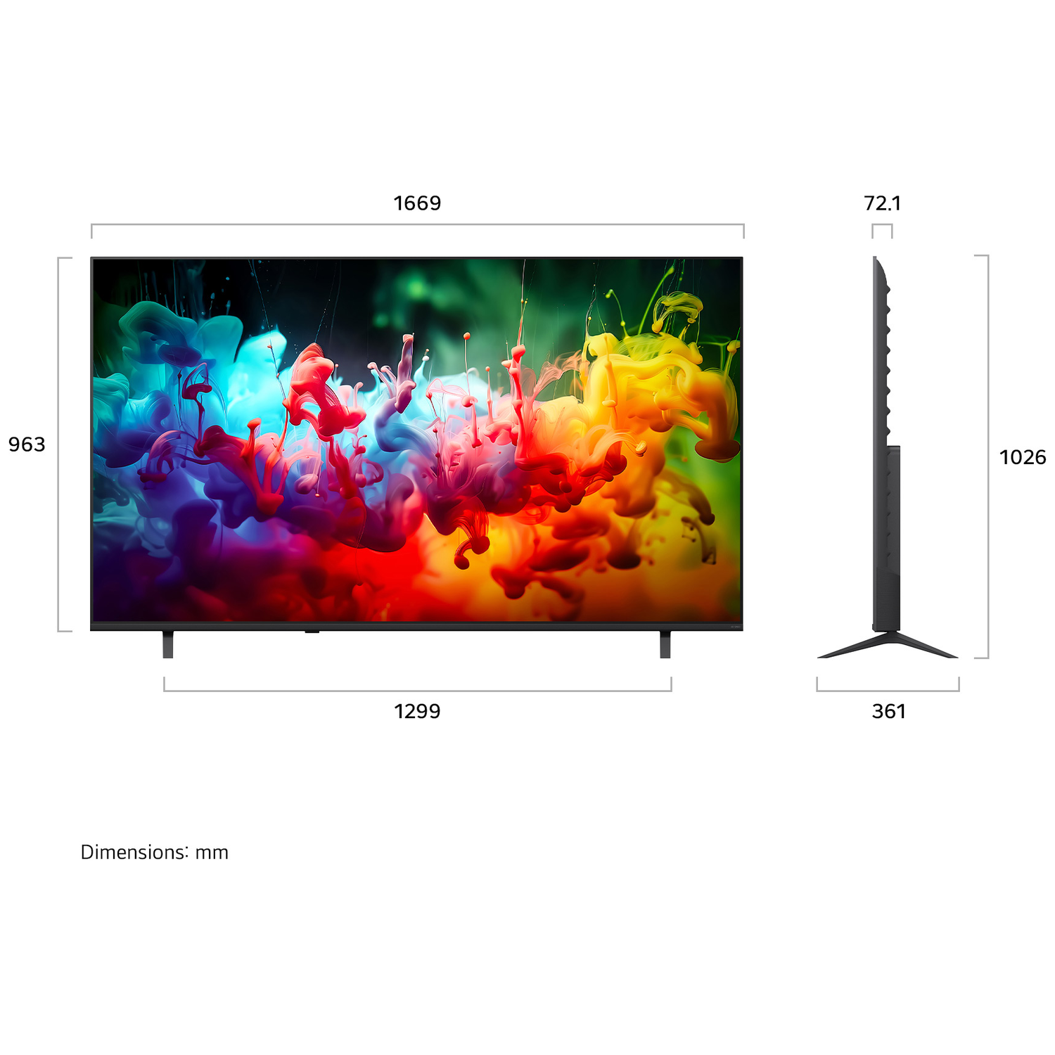 Een groot tv-scherm toont kleurrijke inktspetters. Afmetingen: 1669x963x72.1mm.