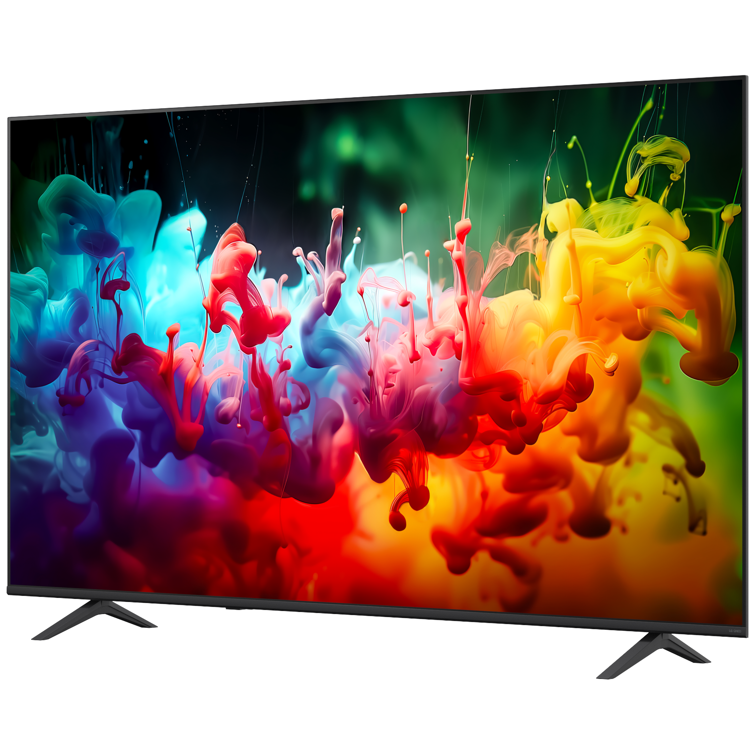Een moderne flatscreen-tv met een levendige, kleurrijke screensaver.