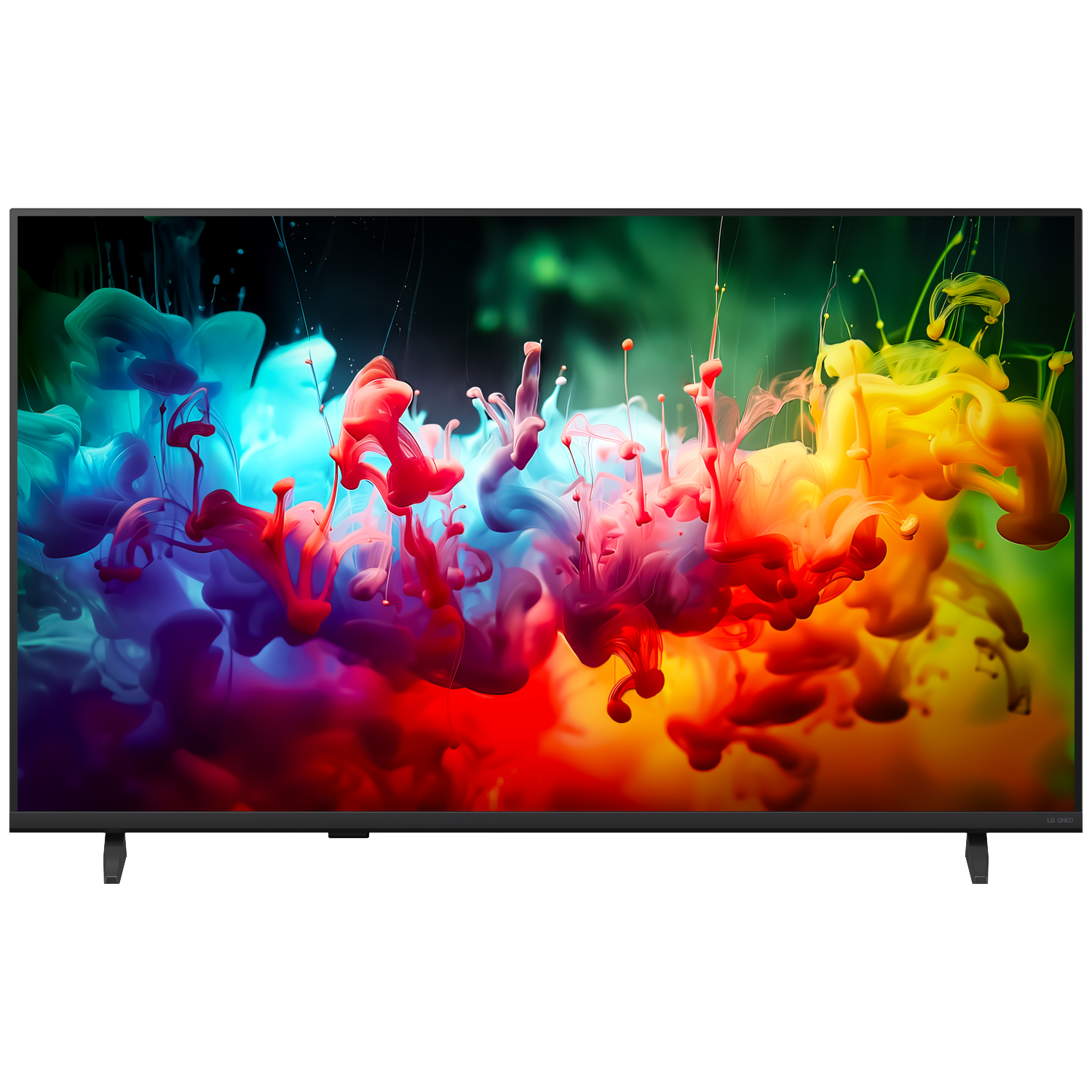 Une télévision moderne affiche une image abstraite de nuages de fumée colorés en bleu, rouge et jaune.