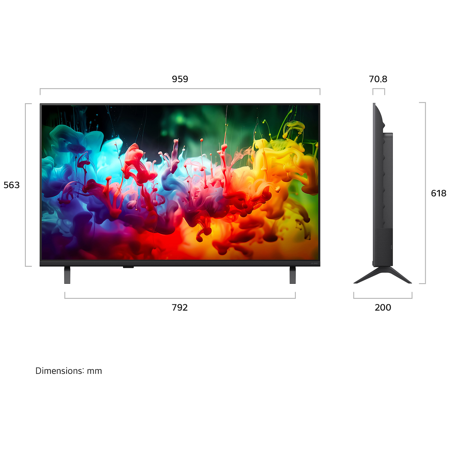 Une TV affichant une explosion de couleurs vives, avec dimensions indiquées.