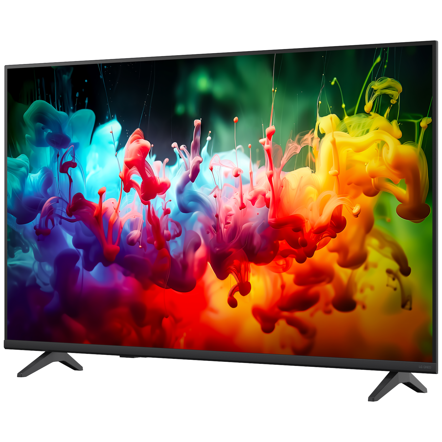 Une TV moderne à écran plat affichant un économiseur d'écran d'éclaboussures d'encre.