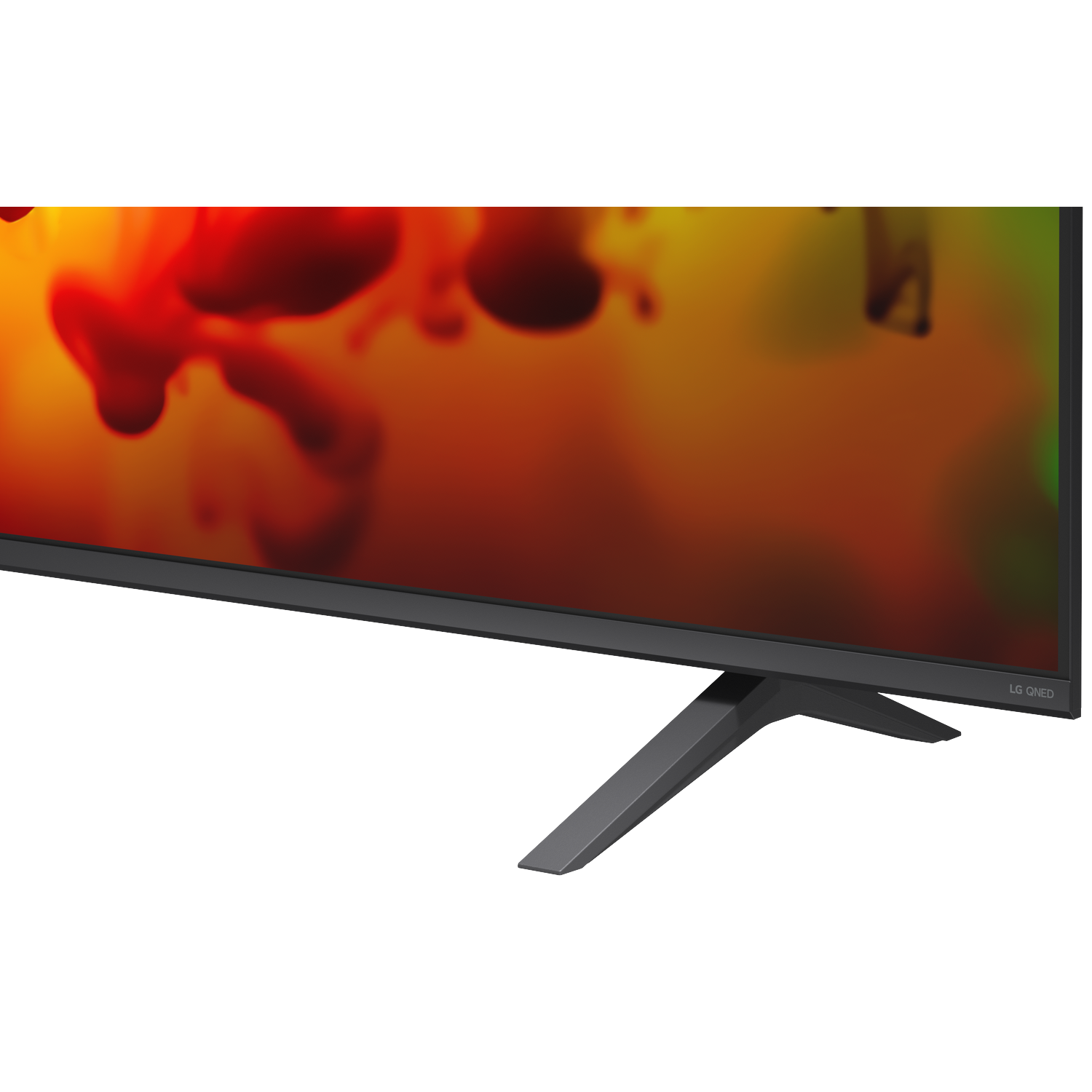 Een moderne tv met een abstracte rode en oranje achtergrond. Een slanke standaard ondersteunt hem.