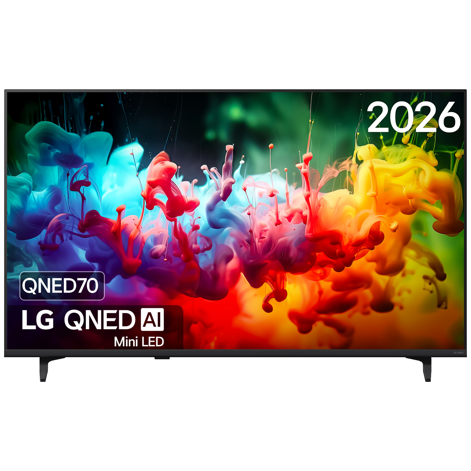 LG QNED AI TV toont kleurrijke inkt swirling en het jaar 2026.
