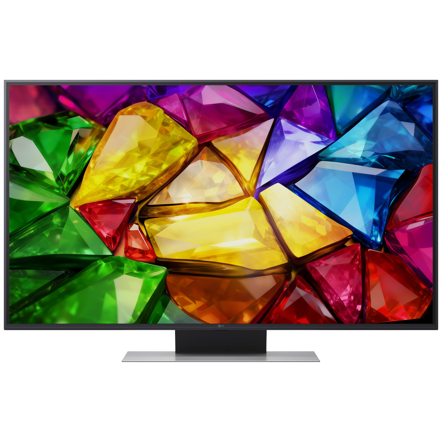 Een LG TV toont een levendig patroon van kleurrijke, gefacetteerde edelstenen.