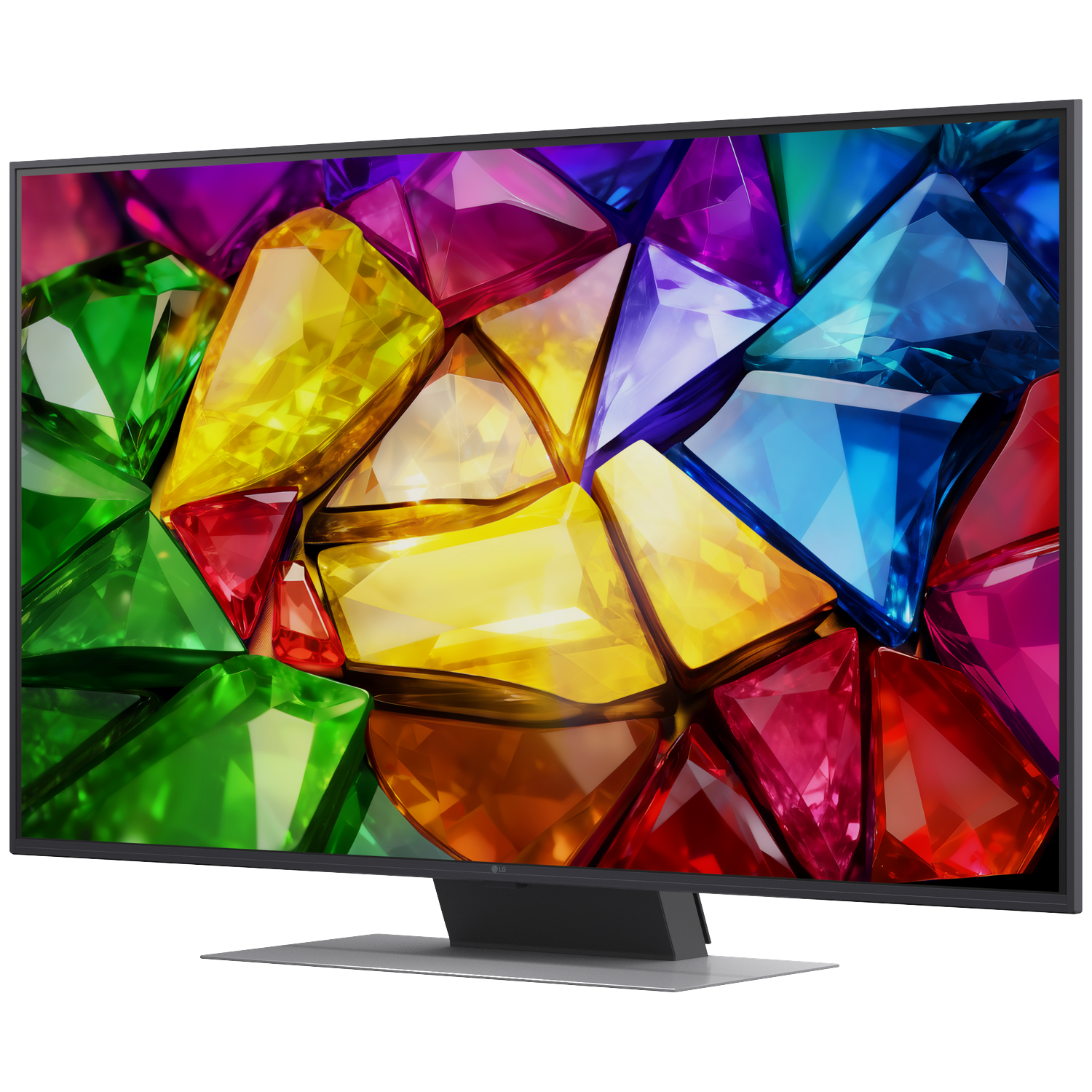 Een moderne televisie met een kleurrijk edelsteenpatroon op het scherm.