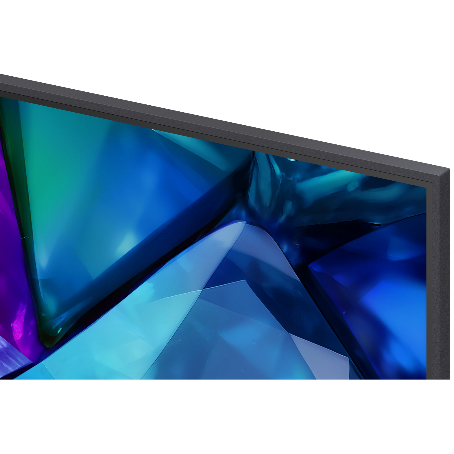 Abstracte blauwe en paarse geometrische vormen op een scherm.