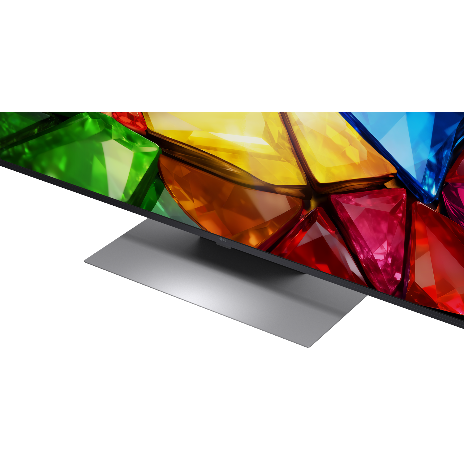 Moderne tv met zilveren standaard toont levendige, kleurrijke, facetvormige geometrische vormen.