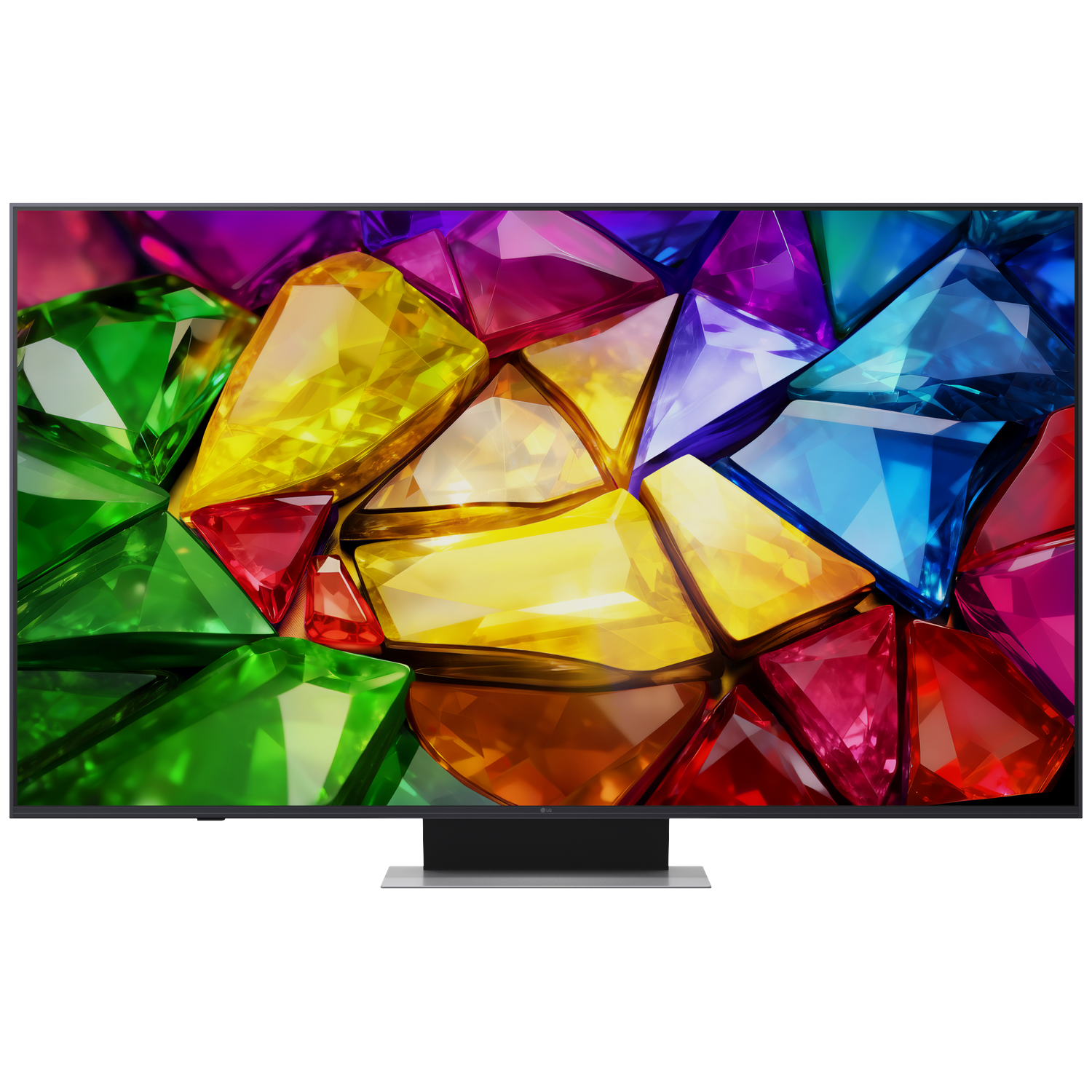 Een televisie toont een levendig abstract patroon van kleurrijke, gefacetteerde edelstenen.