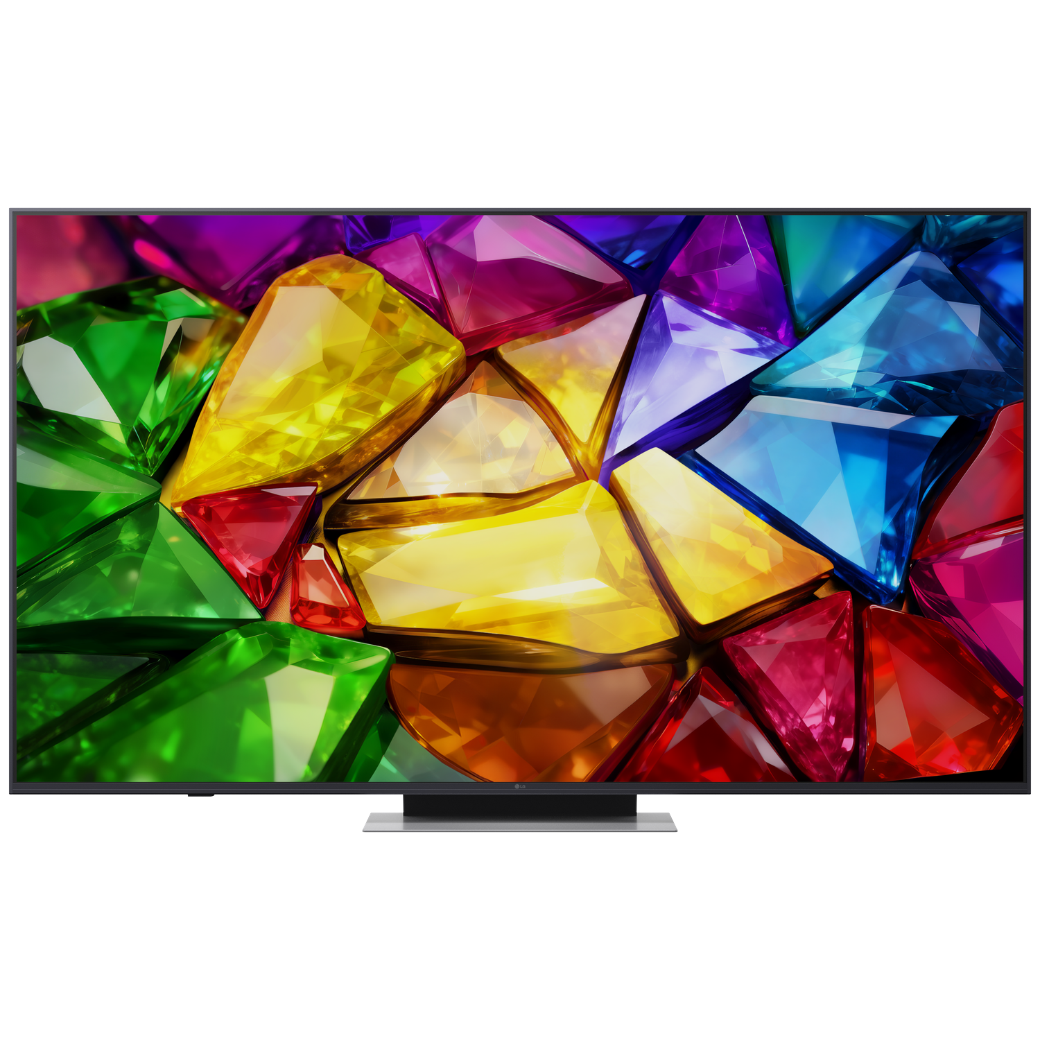 Een flatscreen-tv toont een levendig, abstract patroon van kleurrijke, gefacetteerde juwelen.