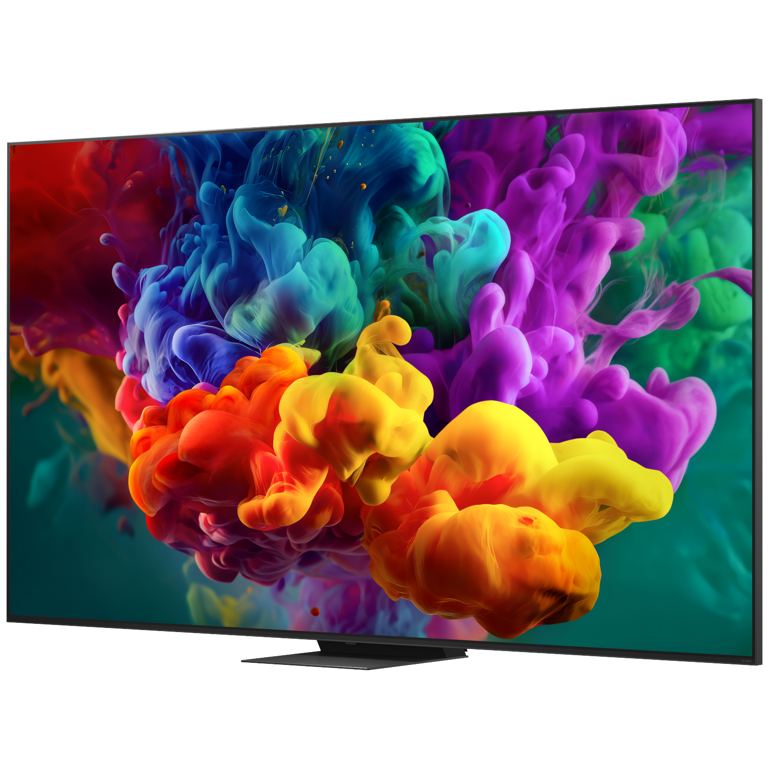 Une télévision moderne affiche une image vibrante de nuages d'encre colorés en rouge, orange, jaune, bleu et violet.