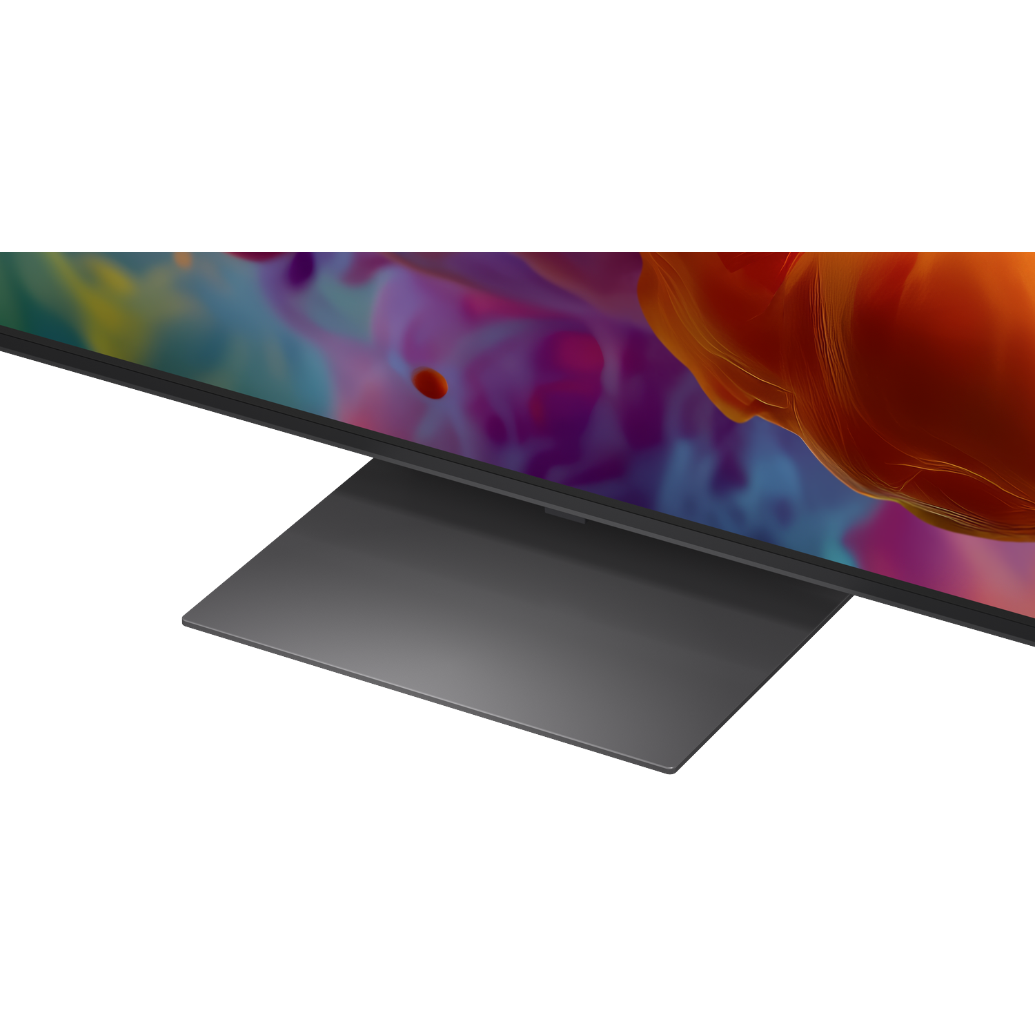 Un téléviseur moderne avec un large pied gris affichant une image de fond abstraite et colorée.
